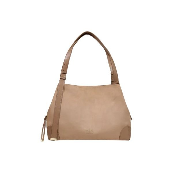 ARMANI EXCHANGE Borsa a spalla in suede beige, con logo oro