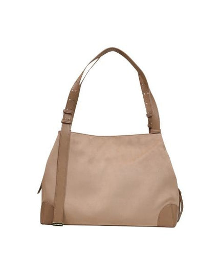 ARMANI EXCHANGE Borsa a spalla in suede beige, con logo oro