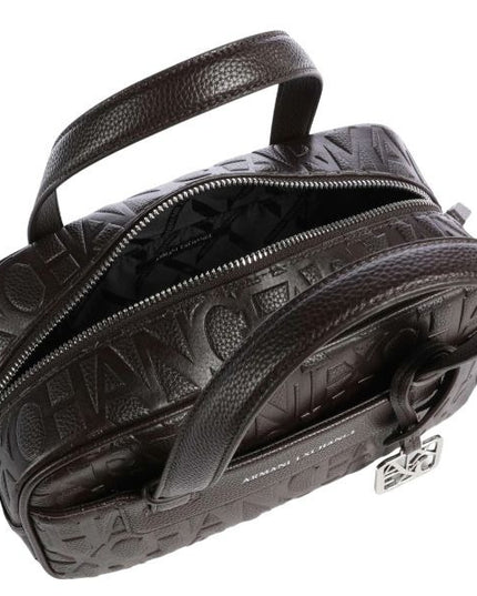 ARMANI EXCHANGE Borsa bauletto marrone con logo all over e tracolla removibile