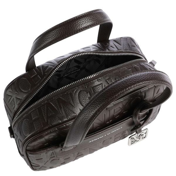 ARMANI EXCHANGE Borsa bauletto marrone con logo all over e tracolla removibile