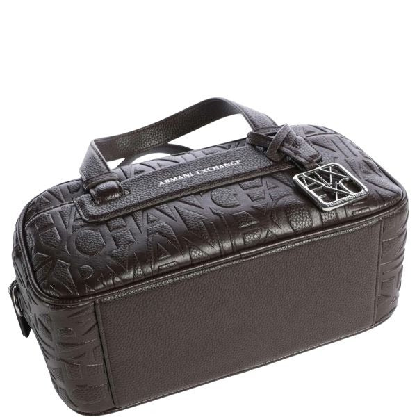 ARMANI EXCHANGE Borsa bauletto marrone con logo all over e tracolla removibile