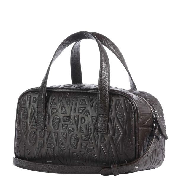 ARMANI EXCHANGE Borsa bauletto marrone con logo all over e tracolla removibile
