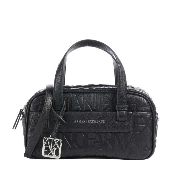 ARMANI EXCHANGE Borsa bauletto marrone con logo all over e tracolla removibile