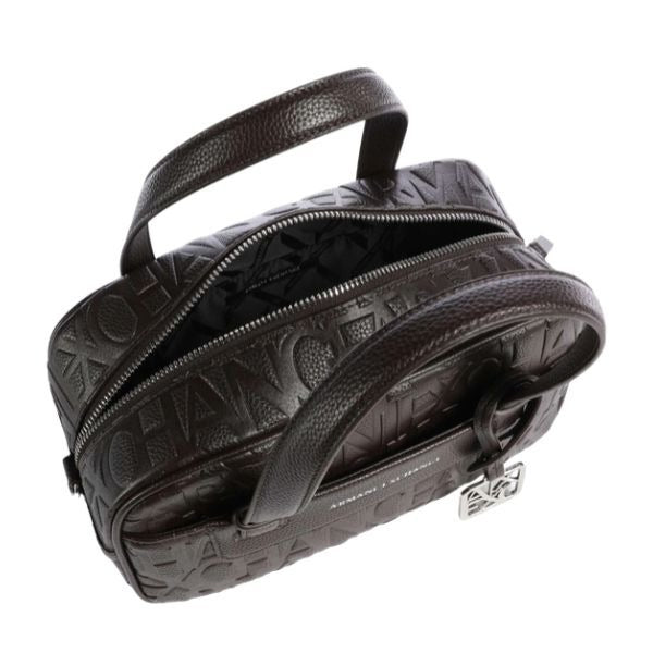 ARMANI EXCHANGE Borsa bauletto marrone con logo all over e tracolla removibile