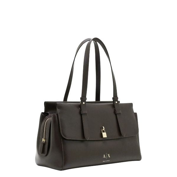 ARMANI EXCHANGE XW003020 AF28605 Borsa a spalla grande marrone scuro con dettglio lucchetto dorato