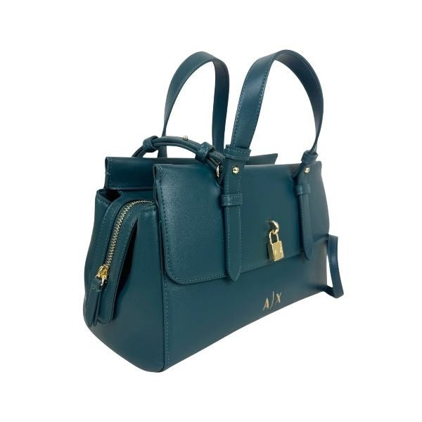 ARMANI EXCHANGE Borsa a mano ptrolio con tracolla removibile, con lucchetto e logo dorato