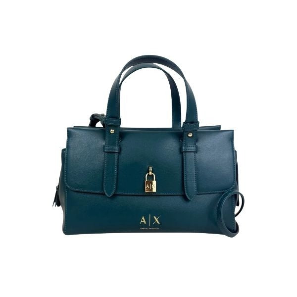 ARMANI EXCHANGE Borsa a mano ptrolio con tracolla removibile, con lucchetto e logo dorato