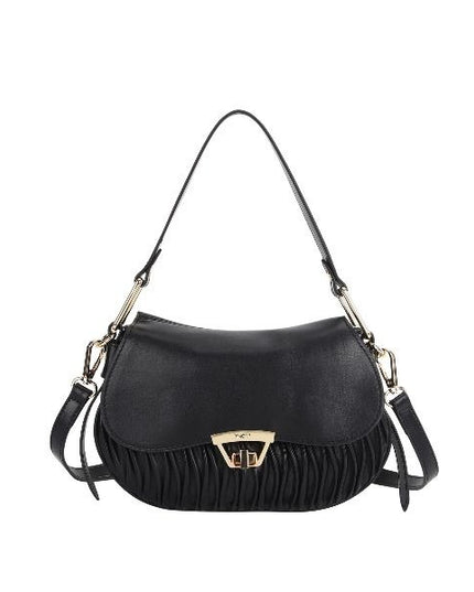 YNOT? Borsa a mano nera plissettata con tracolla removibie e charm floreale
