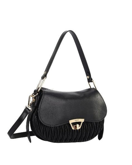 YNOT? Borsa a mano nera plissettata con tracolla removibie e charm floreale