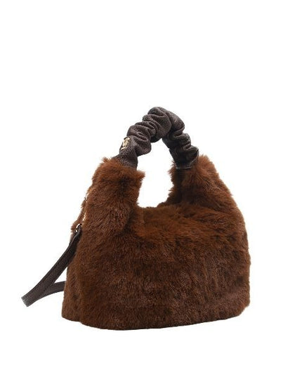 YNOT? Borsa a mano marrone in pelliccia sintetica con manico in ecopelle