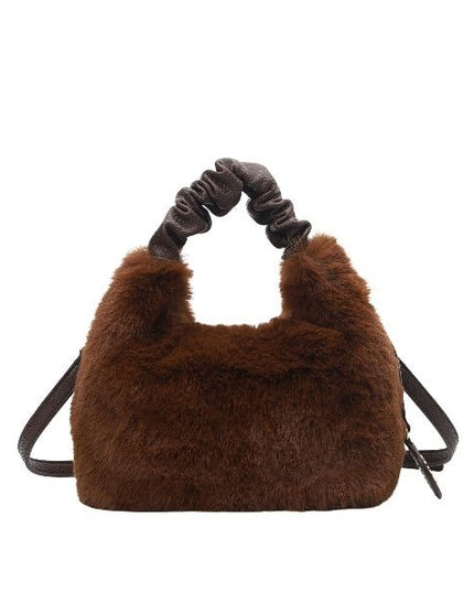 YNOT? Borsa a mano marrone in pelliccia sintetica con manico in ecopelle