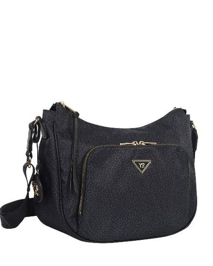YNOT? Borsa a tracolla nera in tessuto con dettagli oro