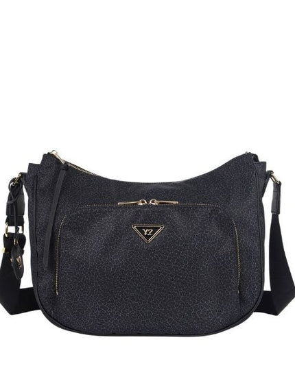 YNOT? Borsa a tracolla nera in tessuto con dettagli oro