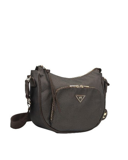 YNOT? Borsa a tracolla marrone in tessuto a forma a mezza luna