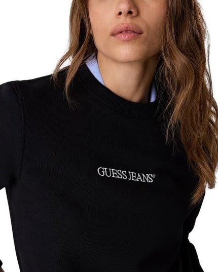 GUESS Slip on felpa donna girocollo logo ricamato e finiture a coste colore nero