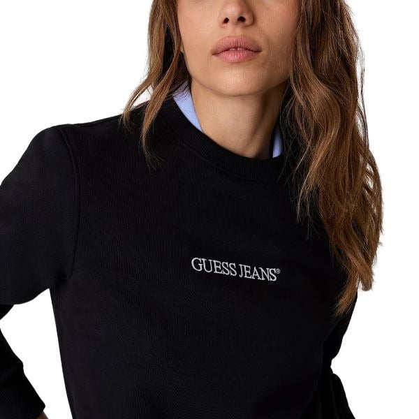 GUESS Slip on felpa donna girocollo logo ricamato e finiture a coste colore nero