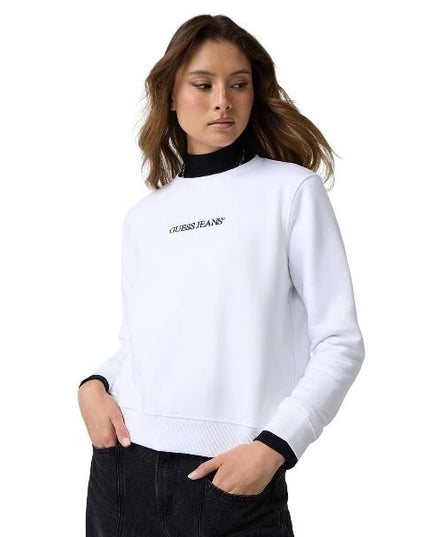 GUESS Slip on felpa donna girocollo logo ricamato finiture a coste colore bianco
