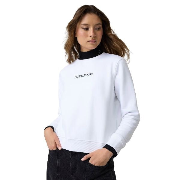 GUESS Slip on felpa donna girocollo logo ricamato finiture a coste colore bianco