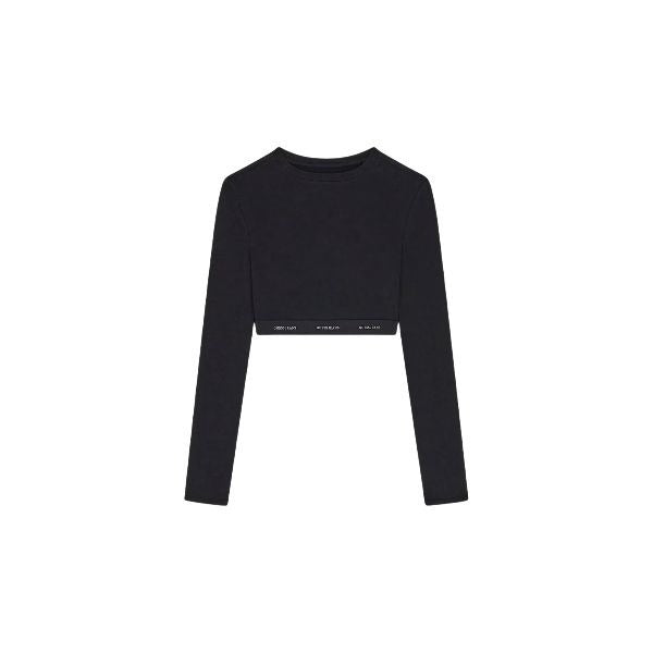 GUESS Crop t-shirt donna maglia a costine banda logata colore nero