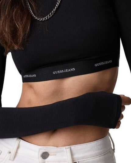 GUESS Crop t-shirt donna maglia a costine banda logata colore nero