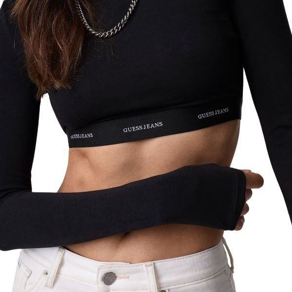 GUESS Crop t-shirt donna maglia a costine banda logata colore nero