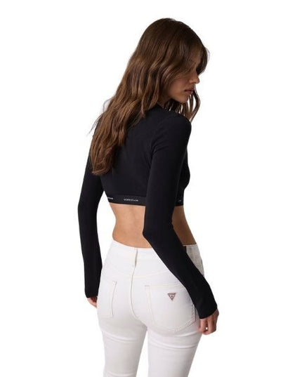 GUESS Crop t-shirt donna maglia a costine banda logata colore nero