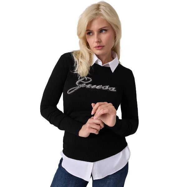 GUESS Slim fit maglia donna scollo tondo e logo centrale con perline colore nero