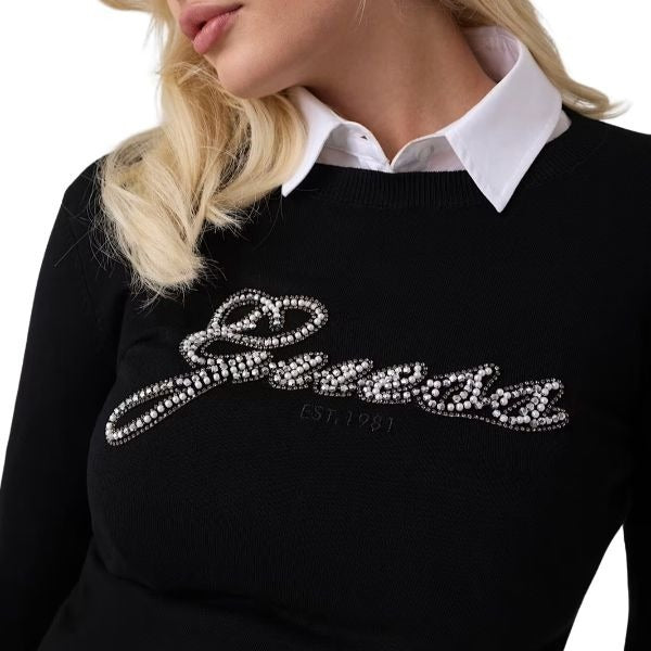 GUESS Slim fit maglia donna scollo tondo e logo centrale con perline colore nero