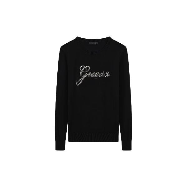 GUESS Slim fit maglia donna scollo tondo e logo centrale con perline colore nero