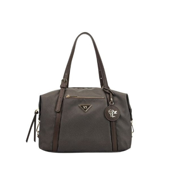YNOT? Borsa bauletto in tessuto marrone con tasca sul retro e tracolla removibile