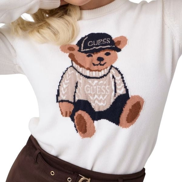 GUESS Teddy bear maglia donna lavorazione a intarsio stampa con orsetto colore bianco