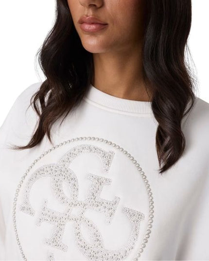 GUESS felpa donna scollo tondo logo sul davanti con strass colore bianco