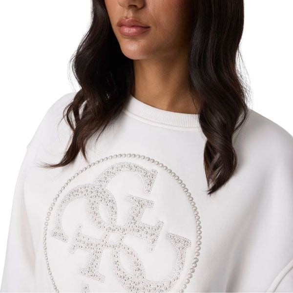 GUESS felpa donna scollo tondo logo sul davanti con strass colore bianco