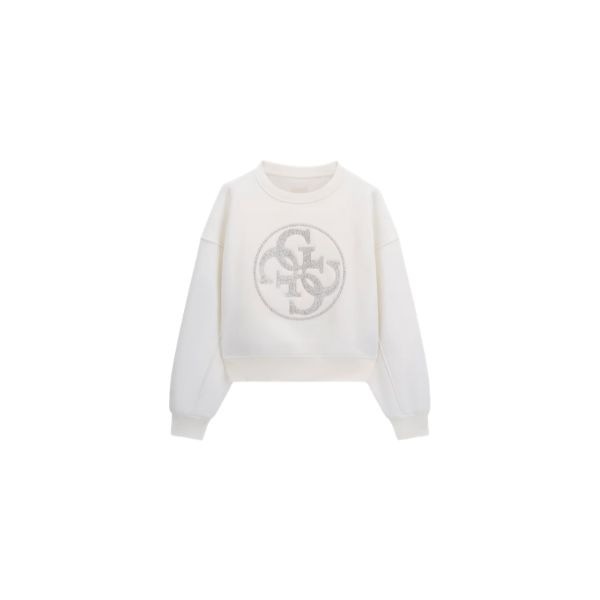 GUESS felpa donna scollo tondo logo sul davanti con strass colore bianco