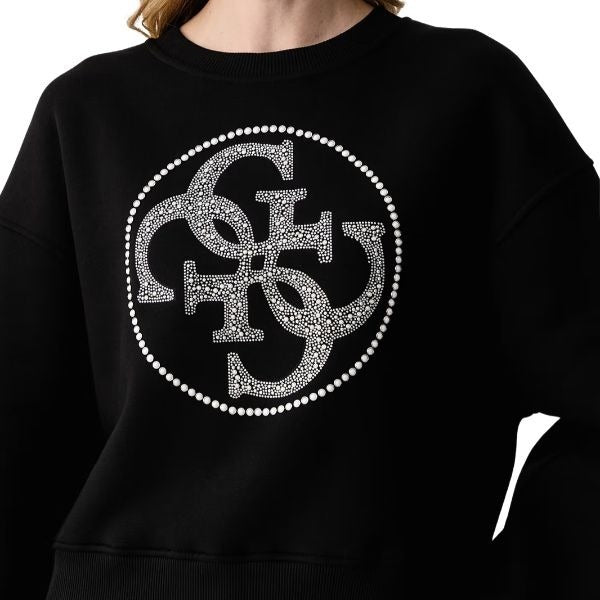 GUESS felpa donna scollo tondo logo sul davanti con strass colore nero