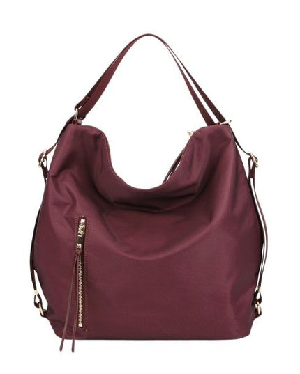 YNOT? Borsa a spalla color bordeaux con grande tasca frontale e trasformabile in zaino