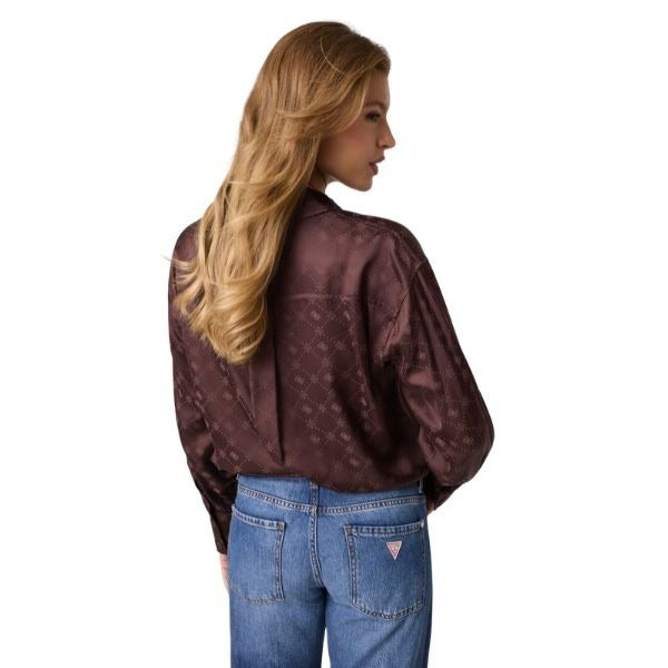 GUESS camicia donna vestibilità oversize colletto a camicia logo all over chiusura con bottoni colore marrone