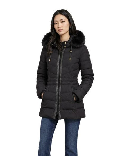 GUESS Jolanda giubbotto donna cappuccio rimovibile con pelliccia sintetica chiusura con cerniera cerniera a due vie colore nero