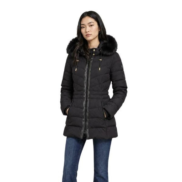 GUESS Jolanda giubbotto donna cappuccio rimovibile con pelliccia sintetica chiusura con cerniera cerniera a due vie colore nero