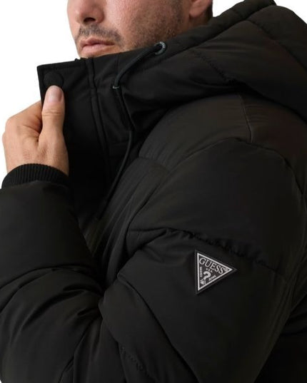 GUESS Puffer giubbino puffer uomo con cappuccio applicazione e chiusura con zip colore nero
