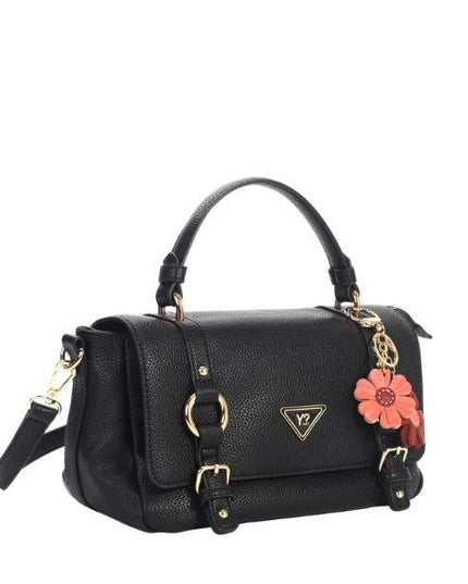 YNOT? Borsa a mano nera impreziosita da cinturini decorativi con fibbie e anelli in metallo dorato