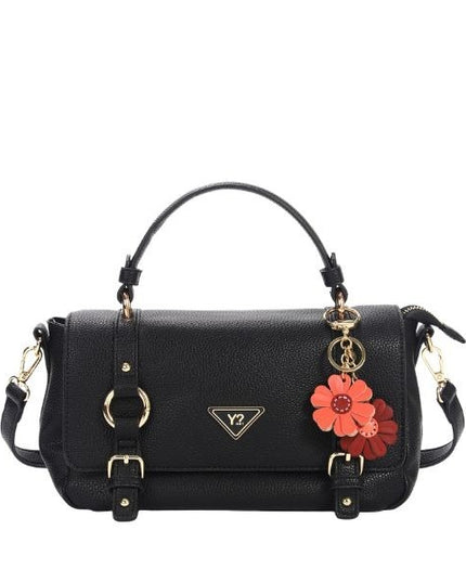 YNOT? Borsa a mano nera impreziosita da cinturini decorativi con fibbie e anelli in metallo dorato