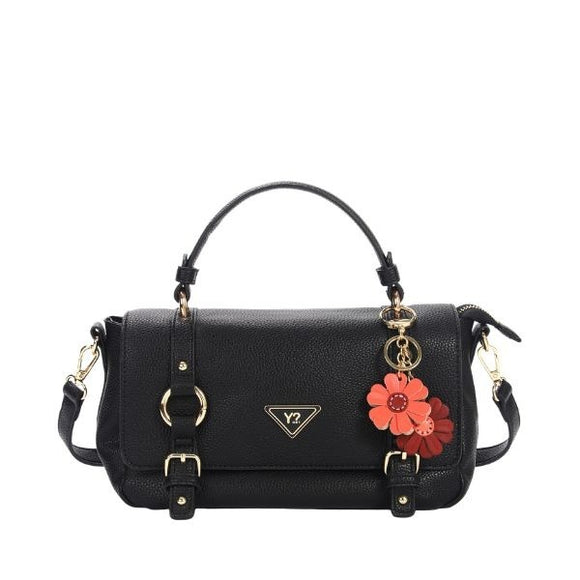 YNOT? Borsa a mano nera impreziosita da cinturini decorativi con fibbie e anelli in metallo dorato