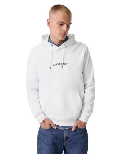 GUESS felpa uomo con tascone frontale a marsupio logo ricamato e profilo a costine colore bianco