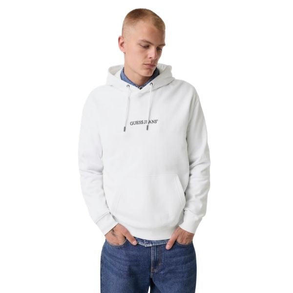 GUESS felpa uomo con tascone frontale a marsupio logo ricamato e profilo a costine colore bianco