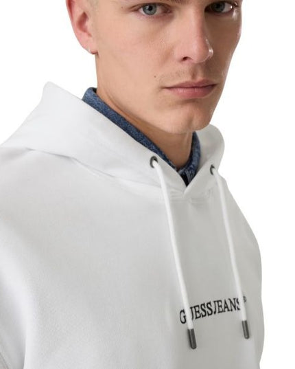 GUESS felpa uomo con tascone frontale a marsupio logo ricamato e profilo a costine colore bianco