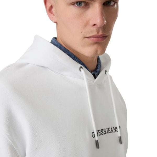 GUESS felpa uomo con tascone frontale a marsupio logo ricamato e profilo a costine colore bianco