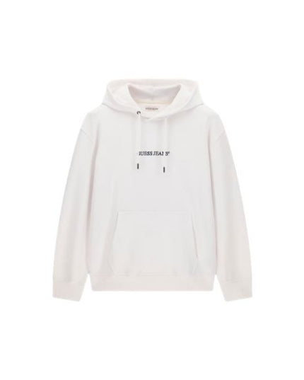 GUESS felpa uomo con tascone frontale a marsupio logo ricamato e profilo a costine colore bianco