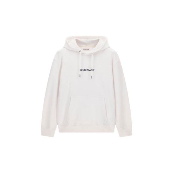 GUESS felpa uomo con tascone frontale a marsupio logo ricamato e profilo a costine colore bianco