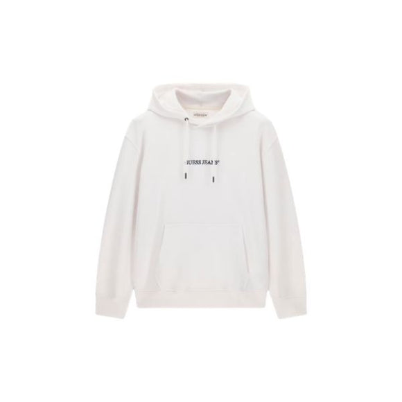 GUESS felpa uomo con tascone frontale a marsupio logo ricamato e profilo a costine colore bianco